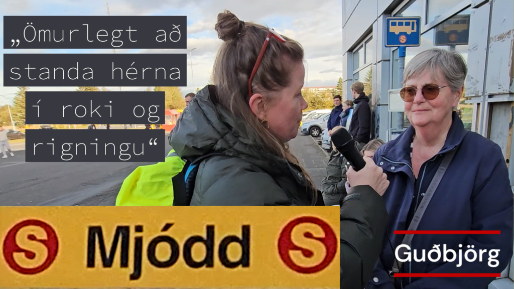 Guðbjörg strætóisti segir „ömurlegt að standa hérna í roki og rigningu.“